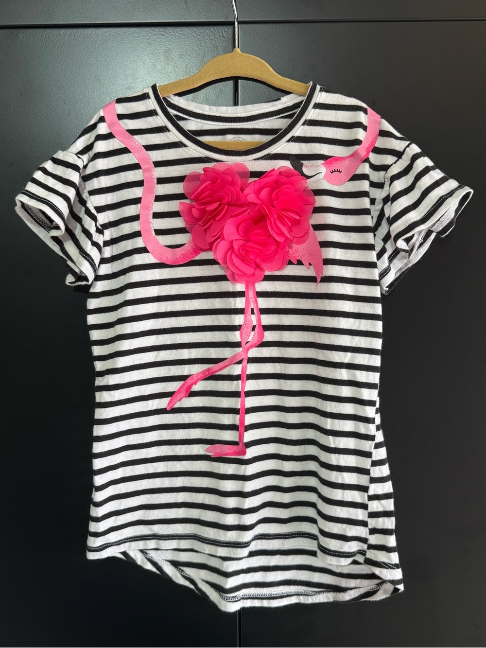 Girls size S 6/6x | Black & White Striped Flamingo Tee